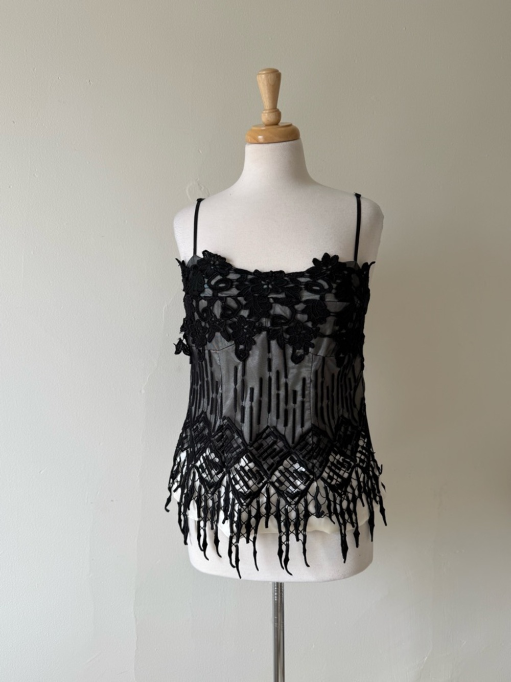 Y2K Sheer Lace Cami Top Black Beaded Fringe Mesh